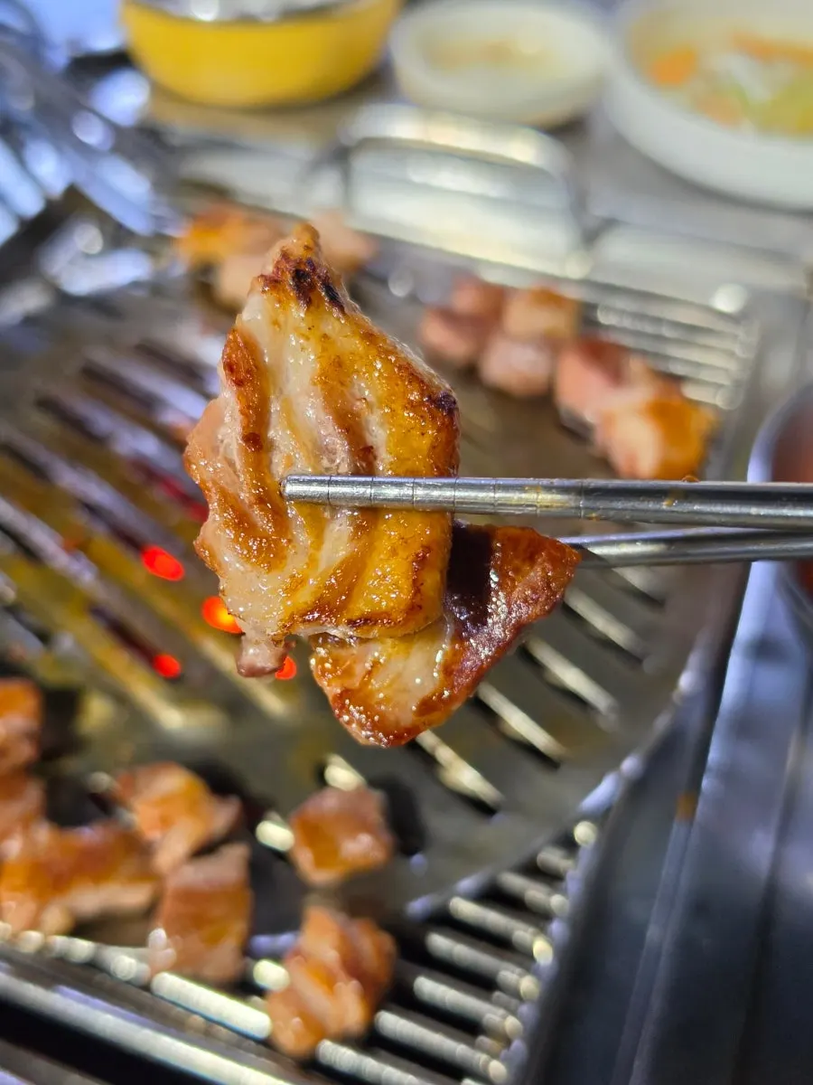 Pork neck sliced and grilled for easy eating