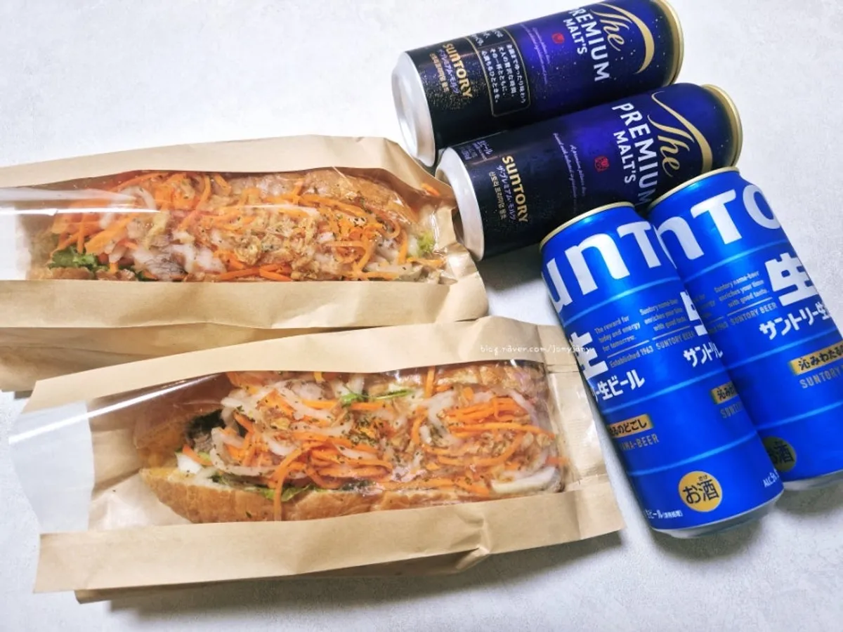 Banh mi set out with beer at the Yeosu accommodation