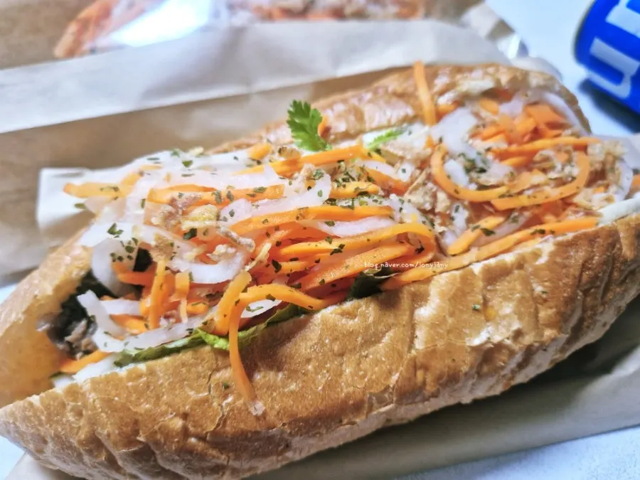 Vegetable-packed filling inside the banh mi