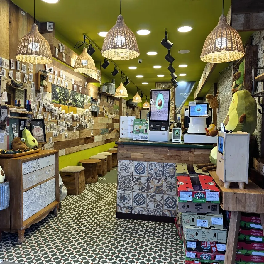 Green-toned avocado café interior