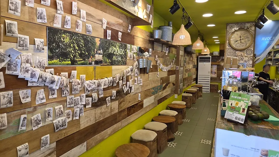Tables and chairs inside the café