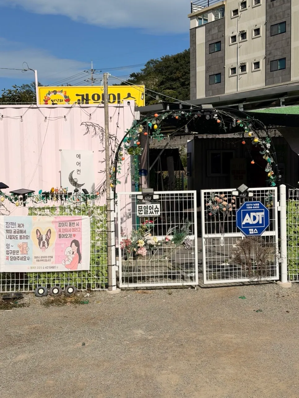 Entrance signboard listing mango bingsu and fruit bingsu