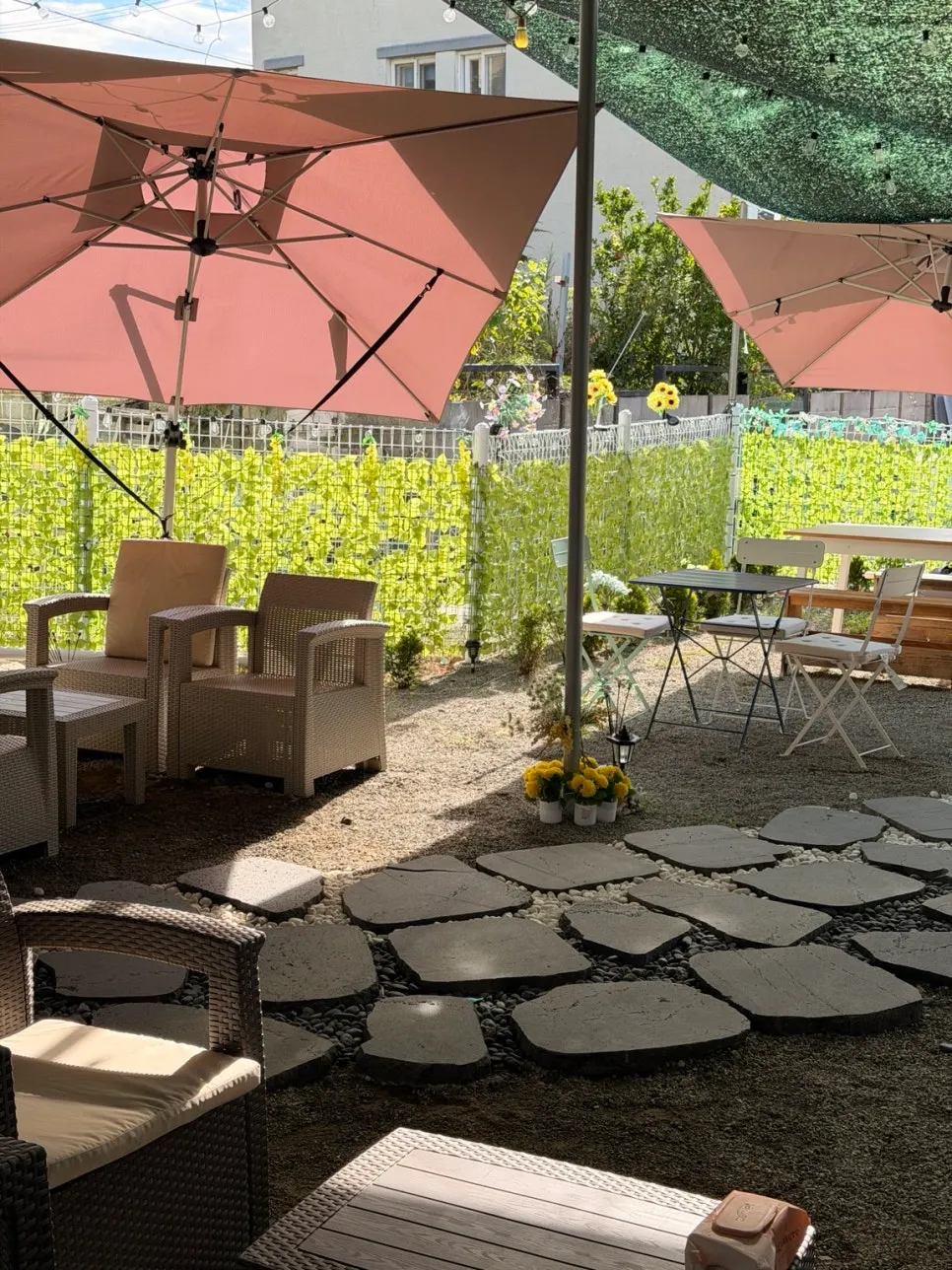 Outdoor café seating with parasols