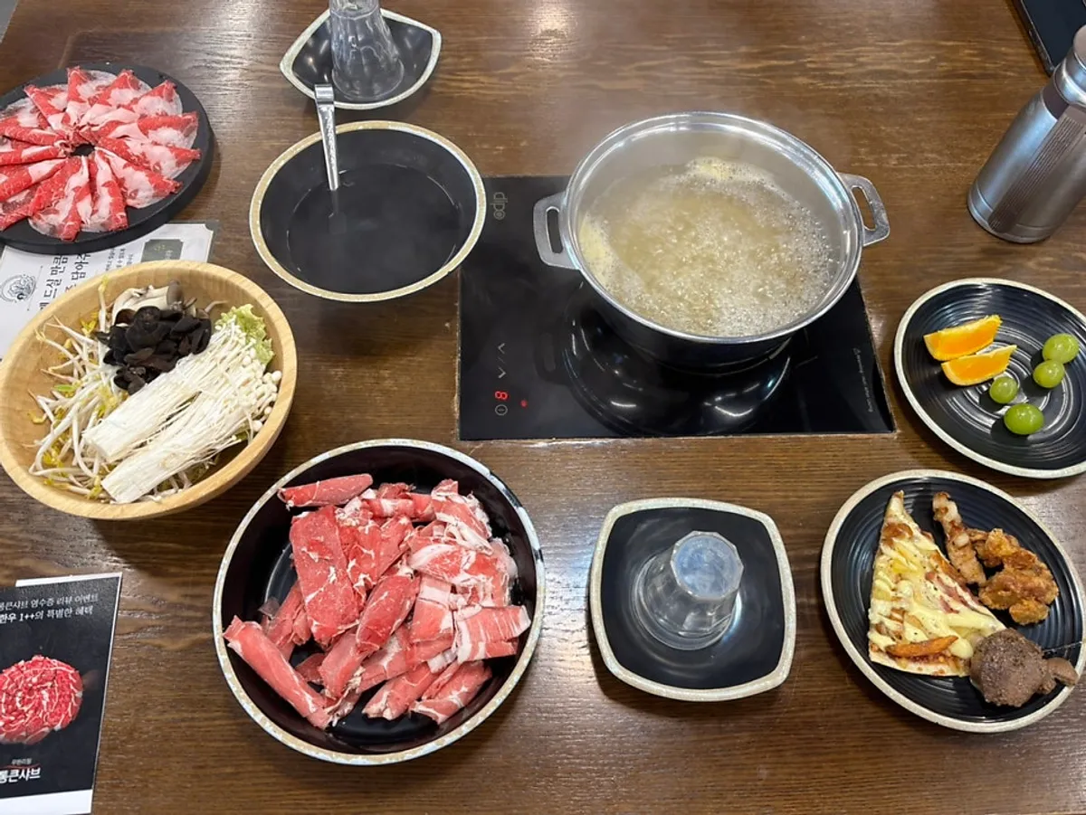 Beef belly and pork neck brought from the Tongkeun Shabu self-bar