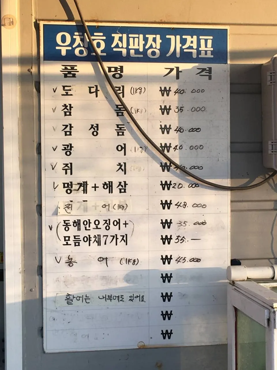 가게 외관에 붙은 회 메뉴판과 가격표
