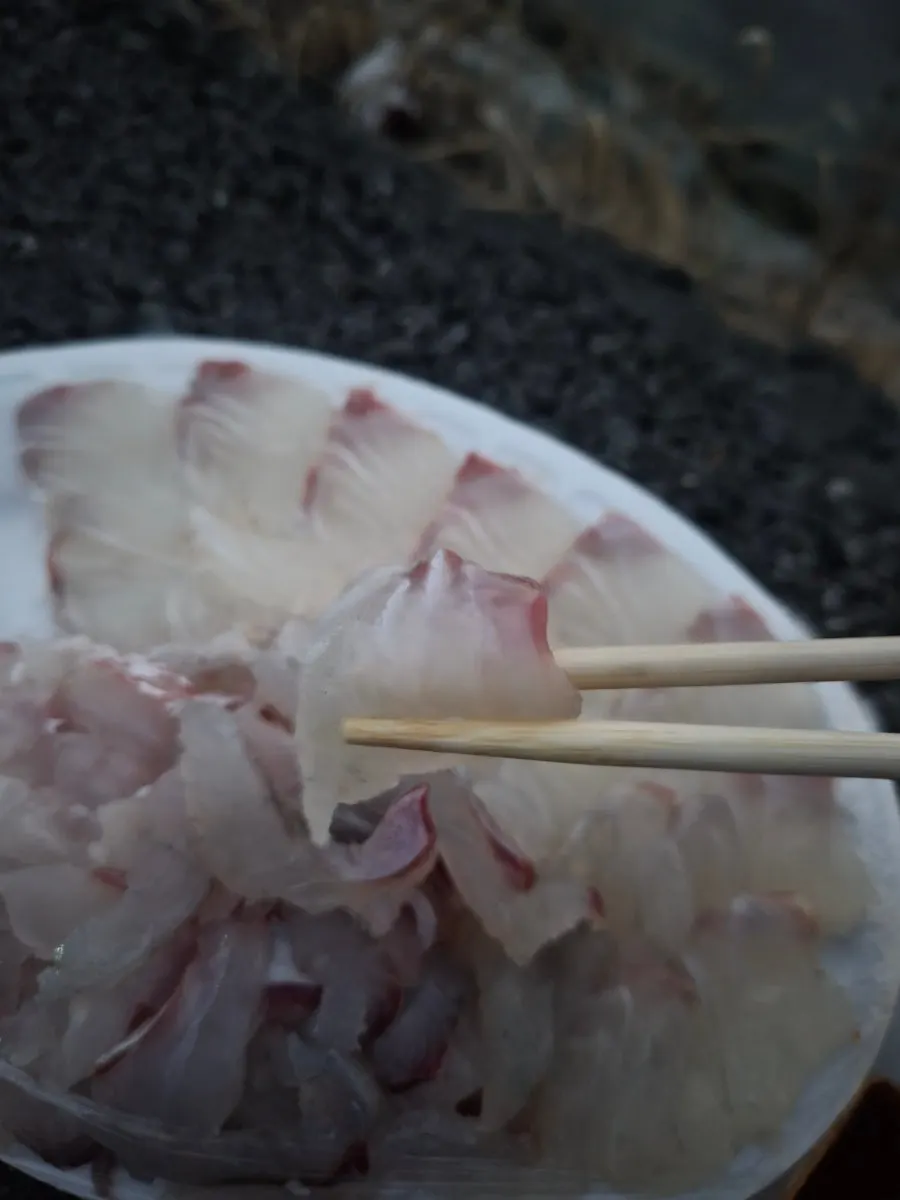 Eating sashimi under a red sunset