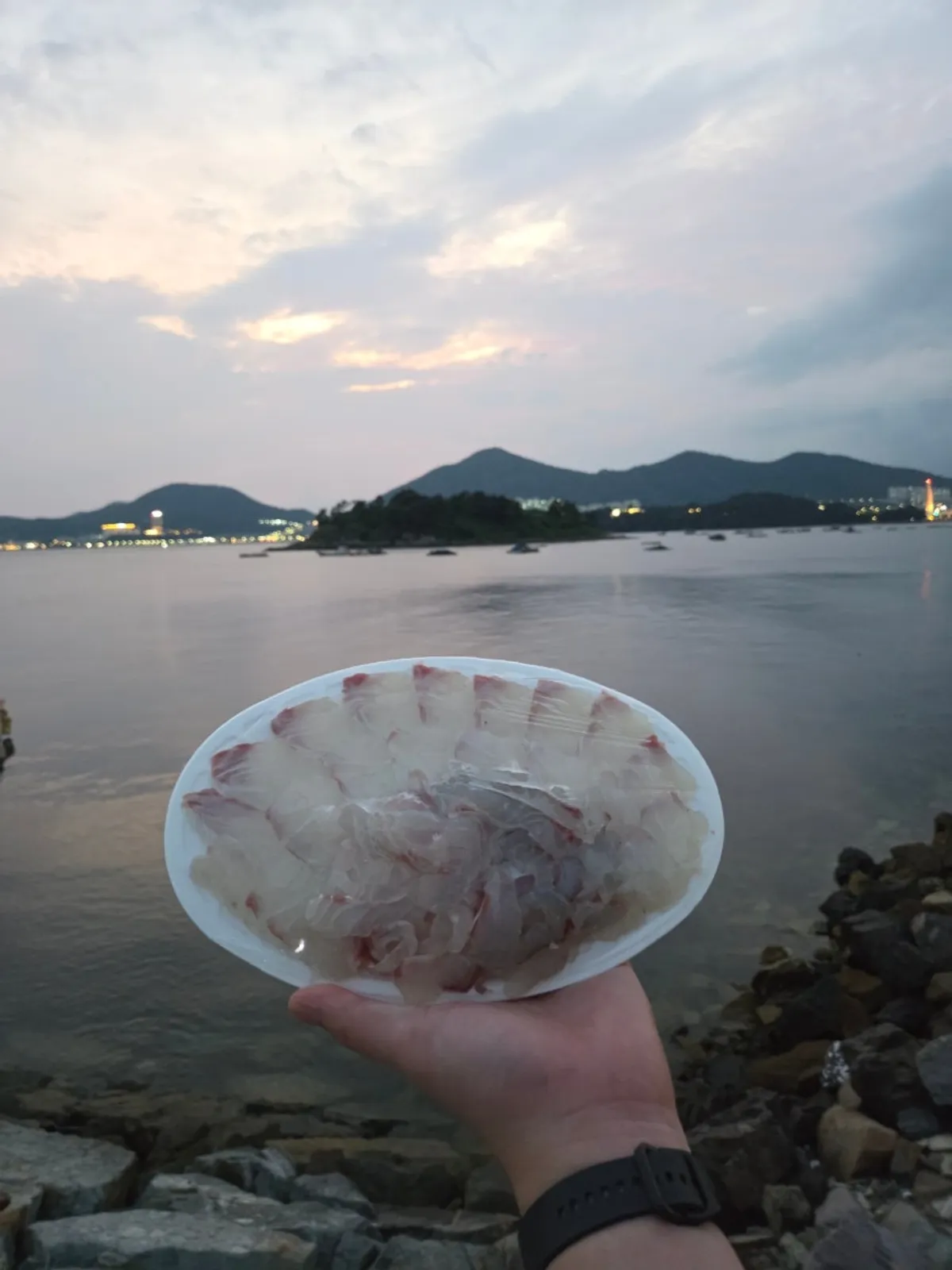 Wrapping up a takeout sashimi dinner on a Yeosu beach
