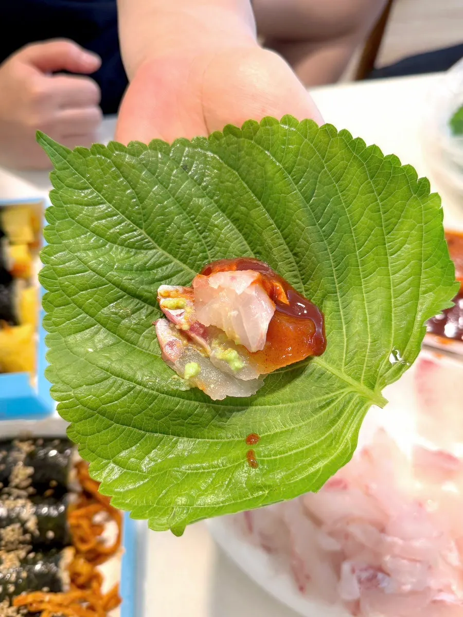Red sea bream sashimi served with chojang and ssamjang