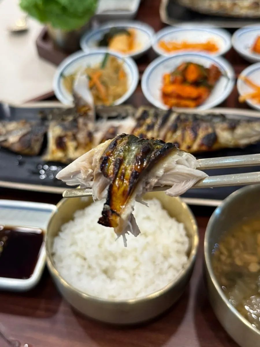 A piece of grilled mackerel with steamed rice