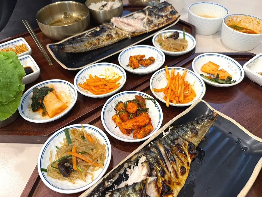 Basic side dish spread including doenjang soup and japchae