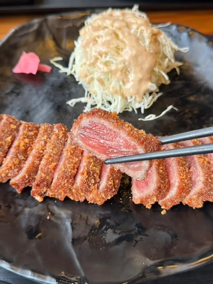 Gyukatsu set served with rice and miso soup