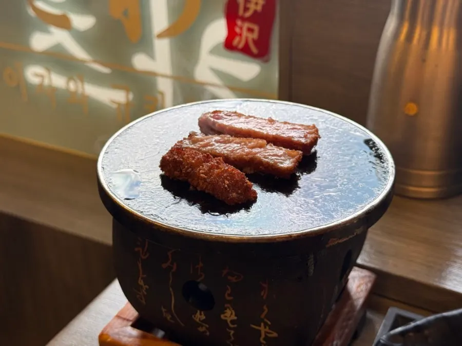 Gyukatsu grilling on the mini charcoal grill