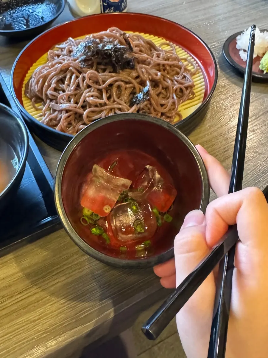 Close-up of the thick noodles in the momil soba