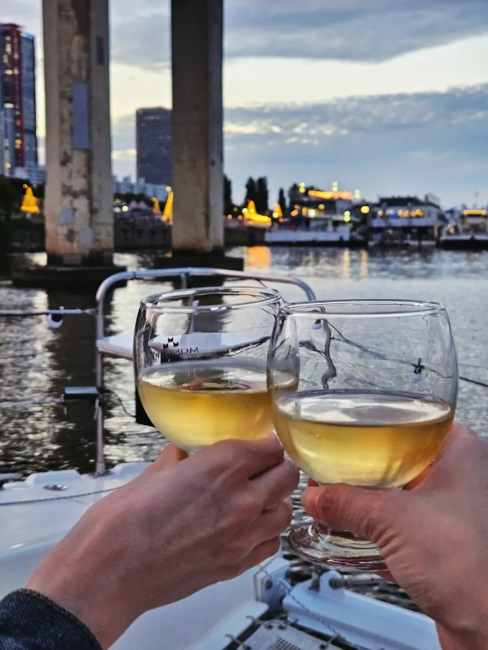 White wine, cider, and snacks served on the yacht