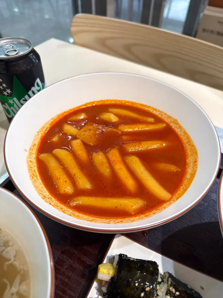 Tteokbokki, sundae and fried snacks served together as a set
