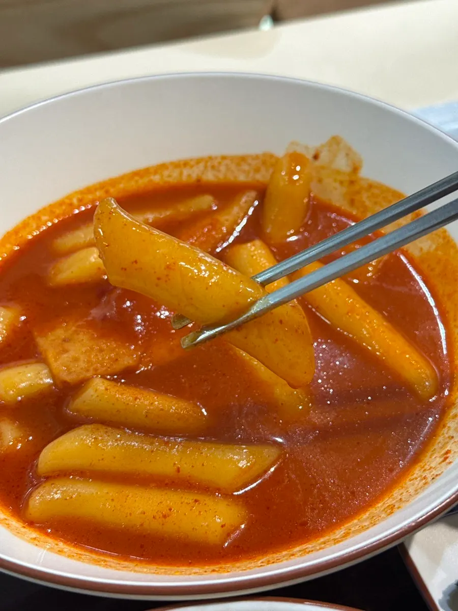 Close-up of chewy tteokbokki rice cakes