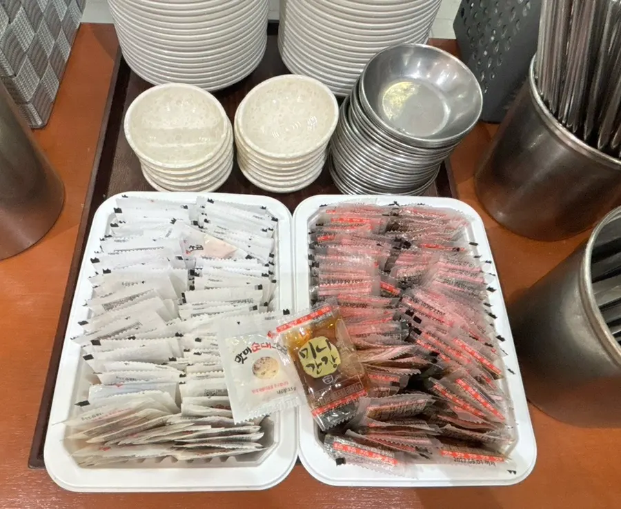 Mini soy sauce and salt at the self-serve bar