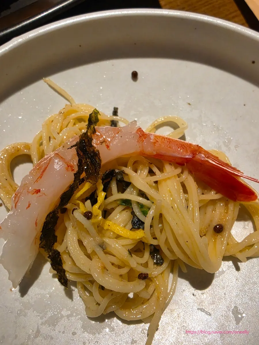 Capellini with perilla leaves and raw shrimp
