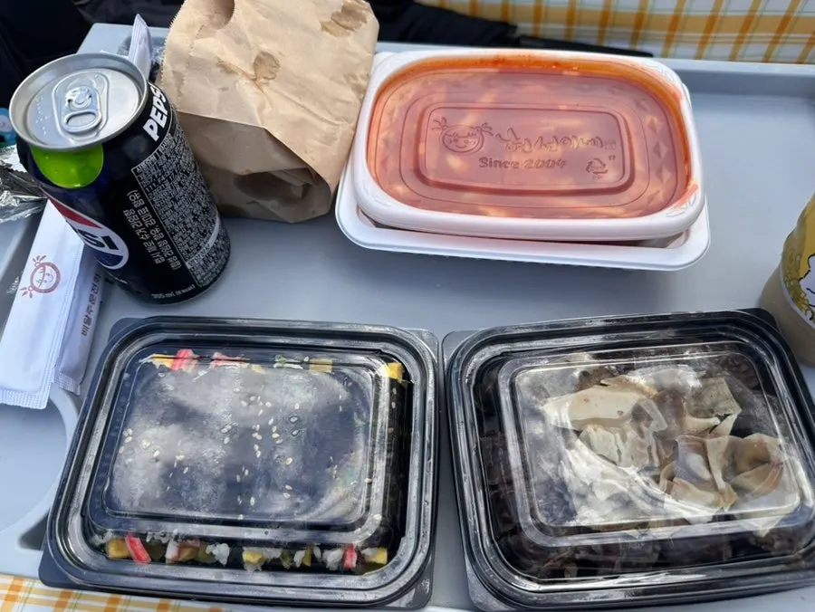 Takeout snack food spread out at the Han River