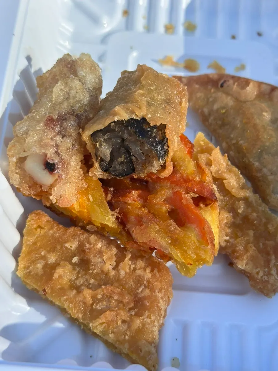 Four types of fried snacks: sweet potato, gimmari, vegetable, and squid