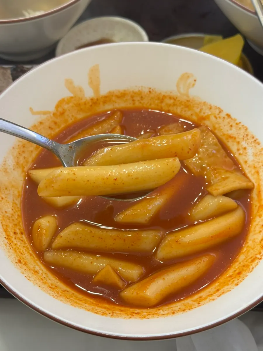 Chewy tteokbokki rice cakes soaked in sauce