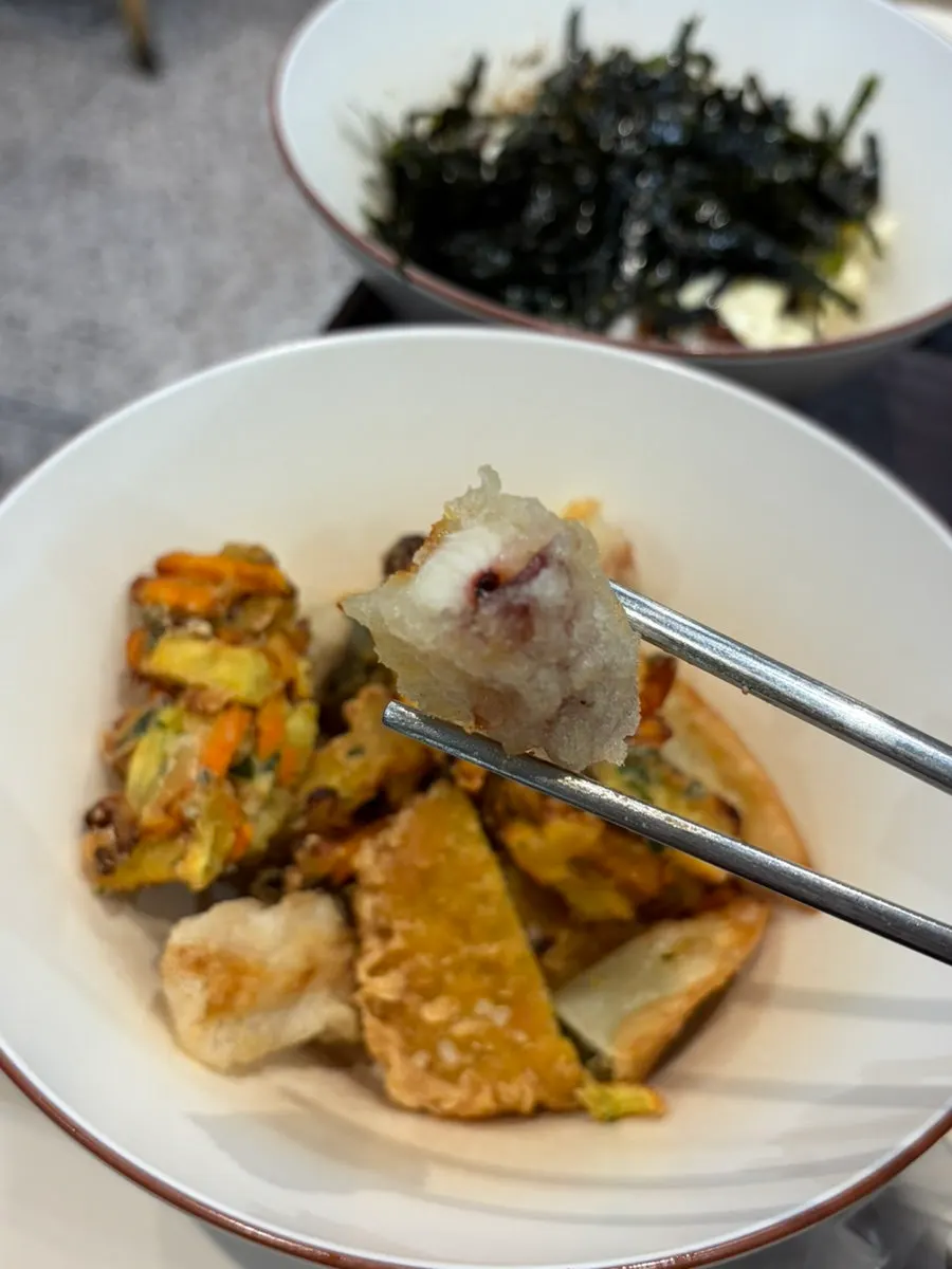 Assorted fried snacks with kimmari, squid, sweet potato, and vegetable
