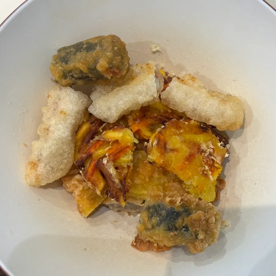 Mixed fried snacks: gimmari, vegetable, sweet potato, and squid fritters