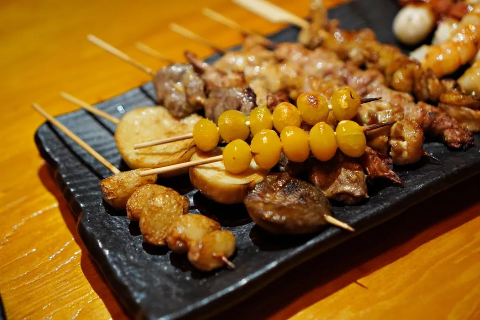 A variety of skewers including chicken neck and chicken skin