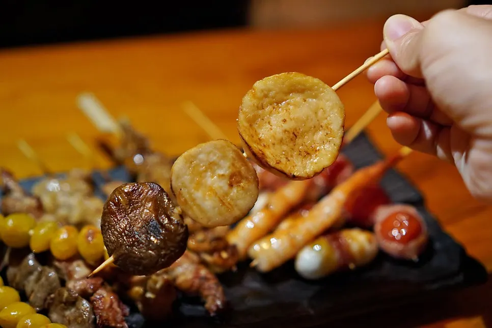 Bacon rice cake and bacon tomato skewers