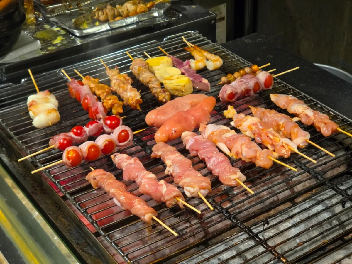 Neatly skewered izakaya skewer ingredients