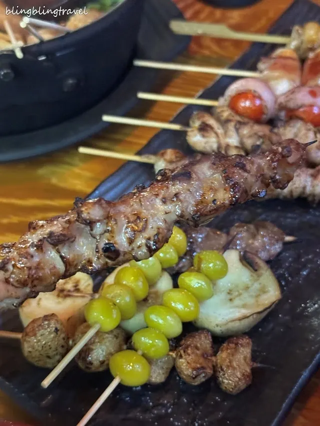 Mixed skewers with shrimp, meat, and ginkgo nuts