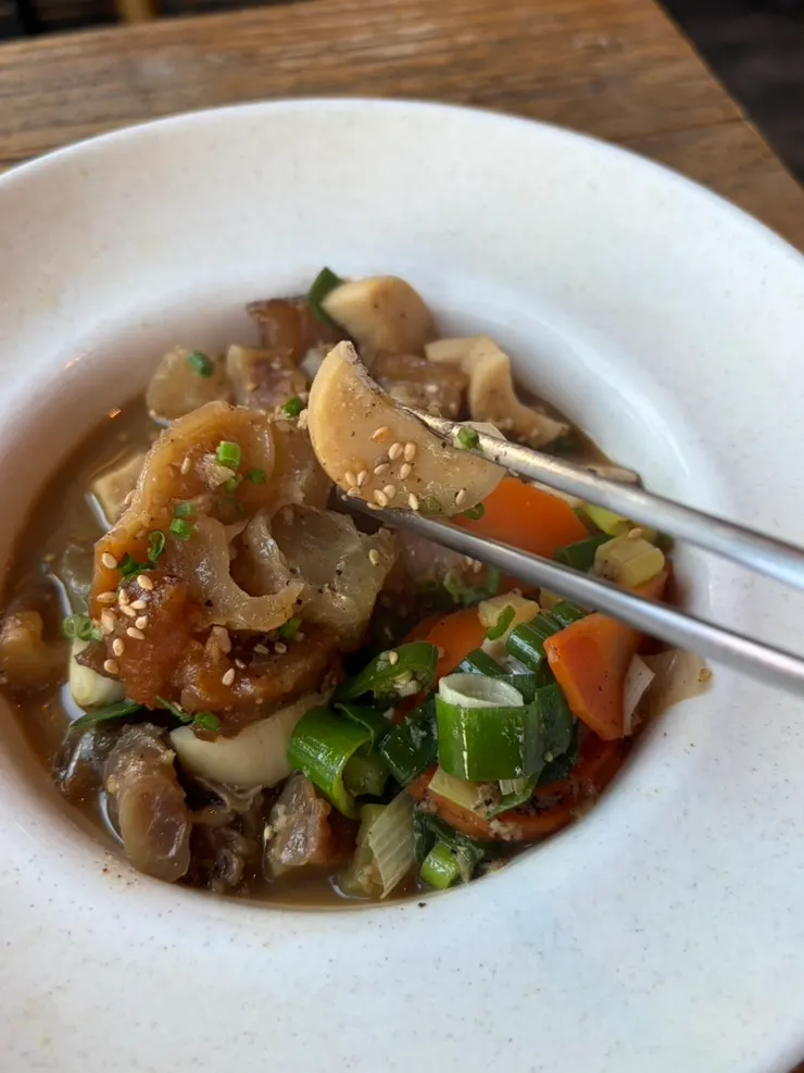 Shoyu suji jorim with vegetables and mushrooms