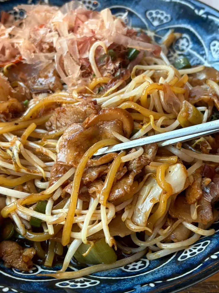 Close-up of yakisoba with pork