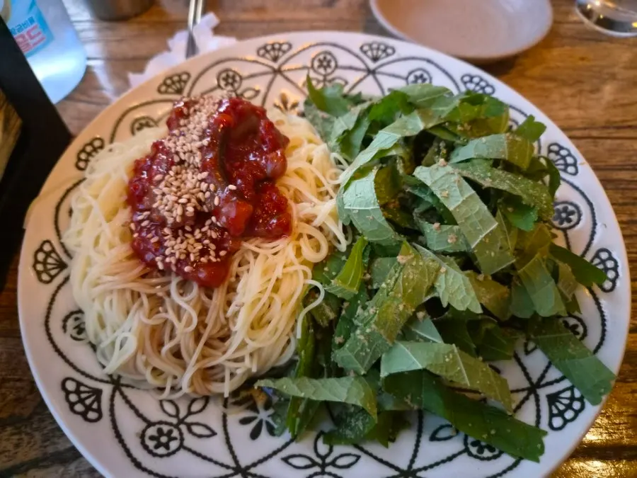 A plate of perilla oil octopus pasta