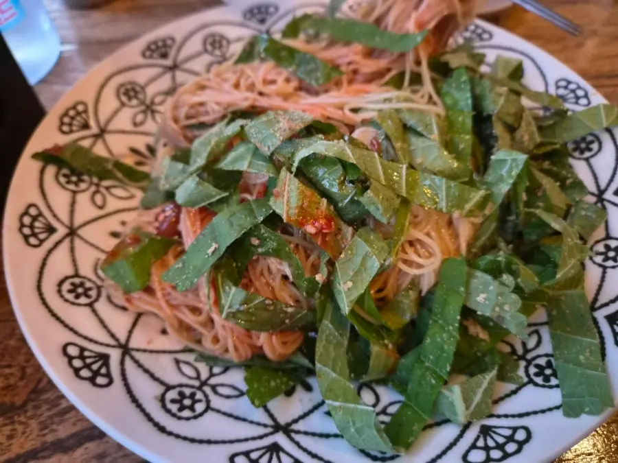 Close-up of perilla oil octopus pasta noodles
