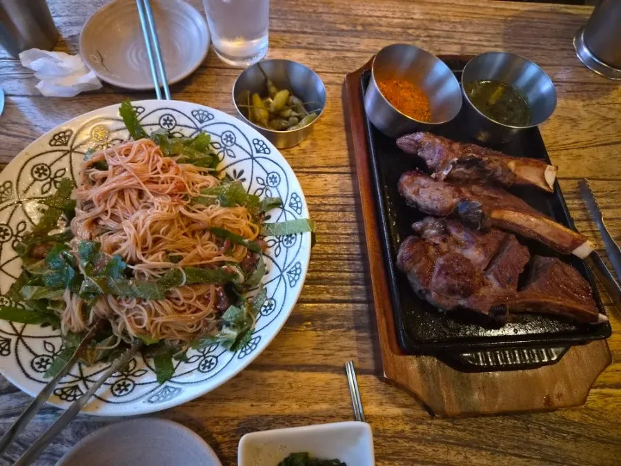 Lamb shoulder rack paired with perilla oil octopus pasta