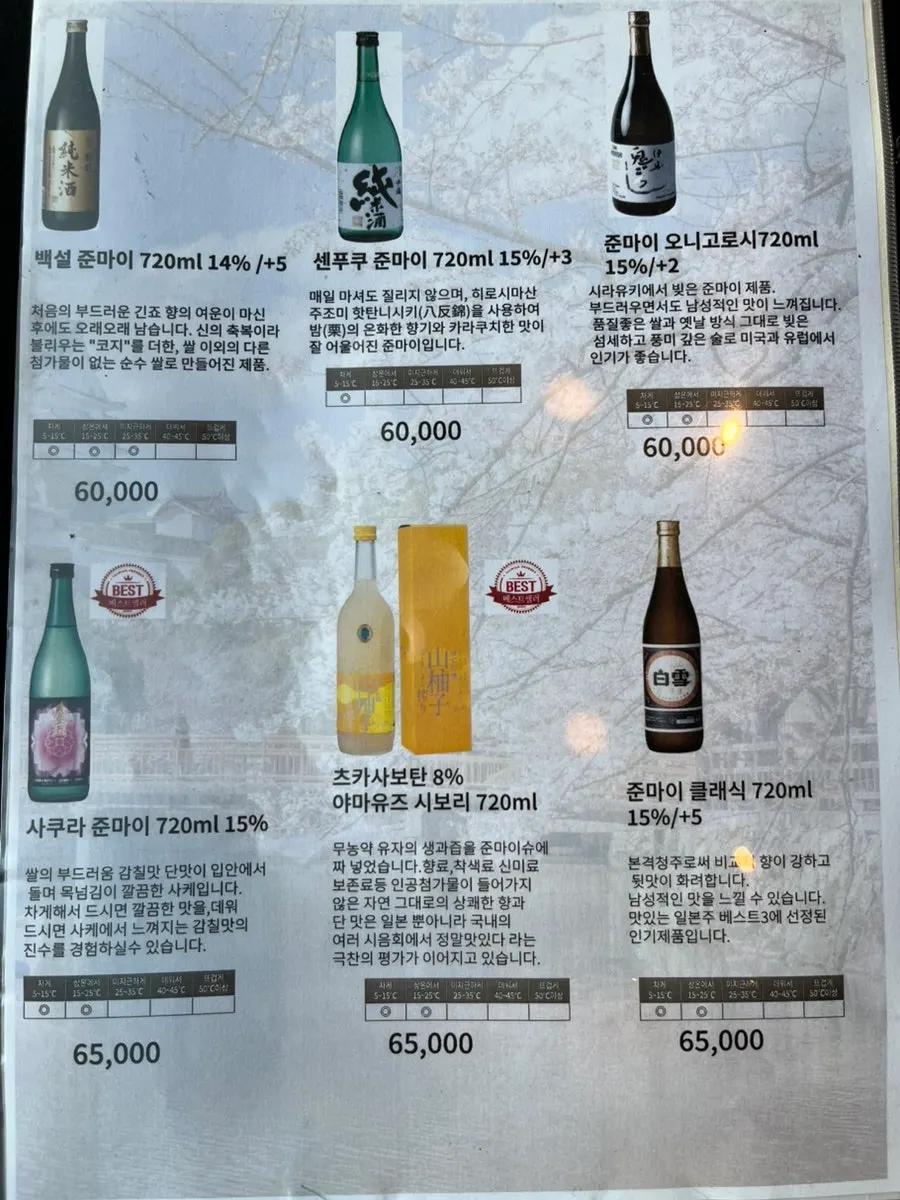 나니 여의도점 사케 메뉴 페이지