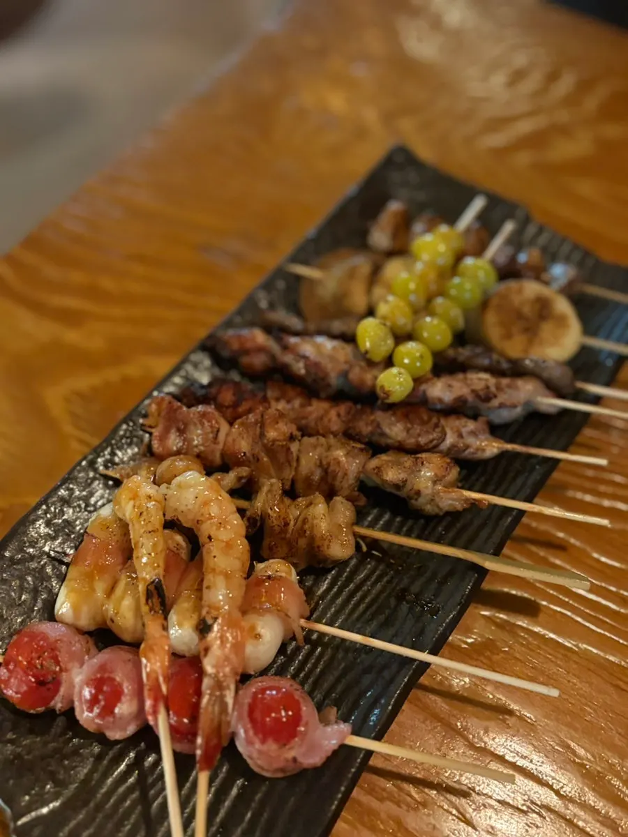 Assorted skewers including shrimp