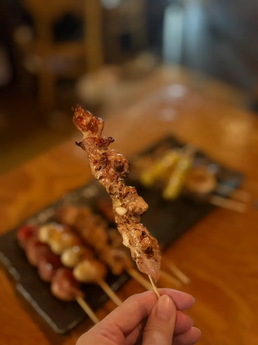 Skewers with chicken skin, mushroom, and gingko nut