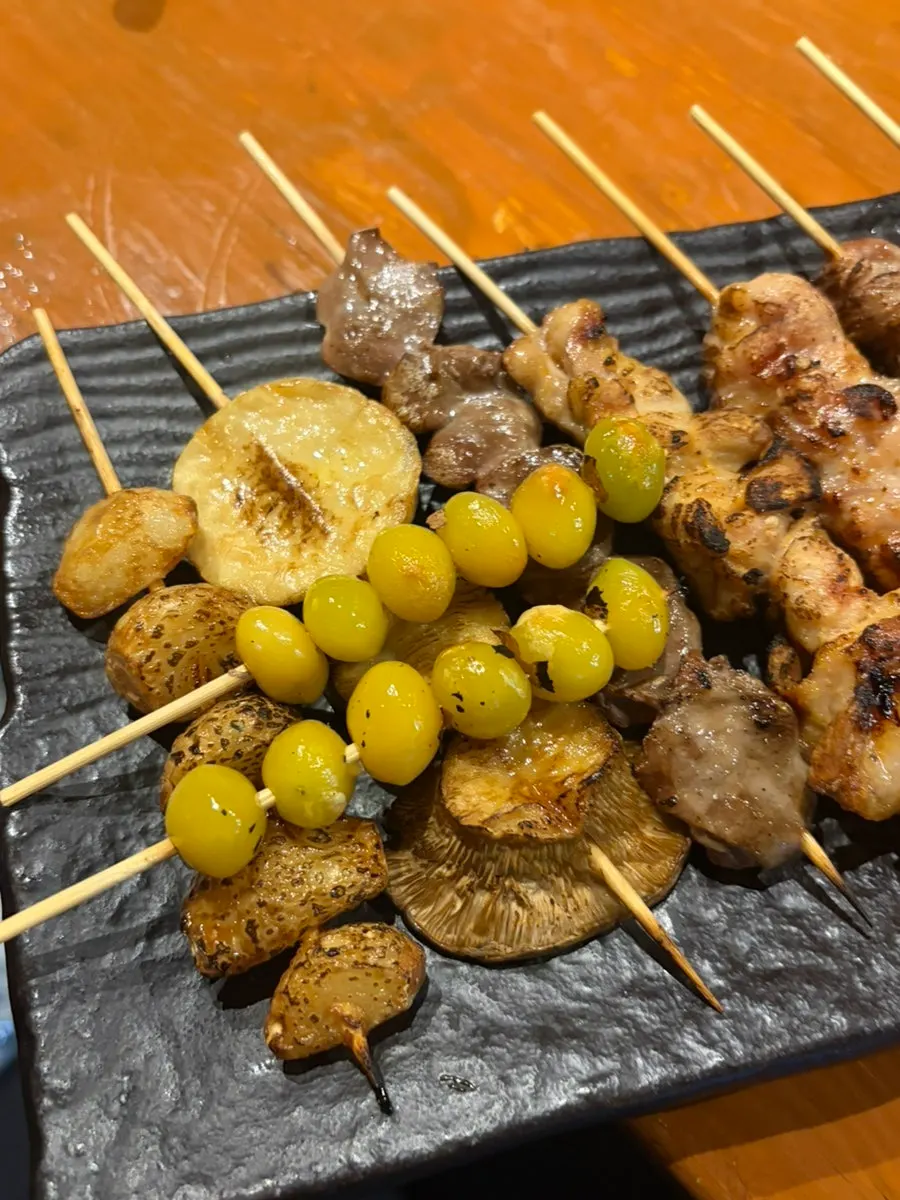 Close-up of charcoal-grilled mixed skewers