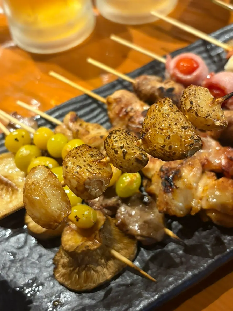 Cross-section of a skewer grilled golden on the outside
