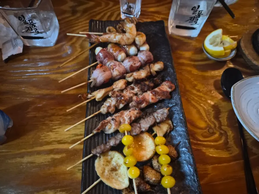Skewer variety including ginkgo, cherry tomato, and rice cake skewers