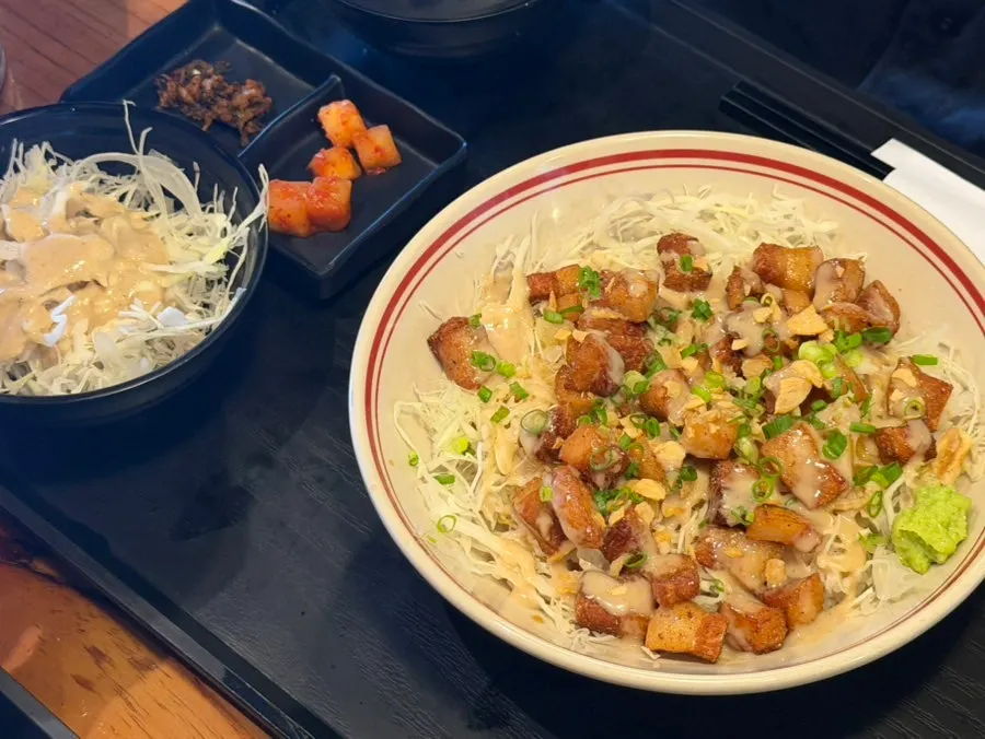 Double gyukatsu and dontoro-don served together on the table