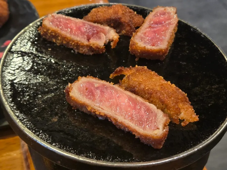 Close-up of the rare, bright red gyukatsu cross-section