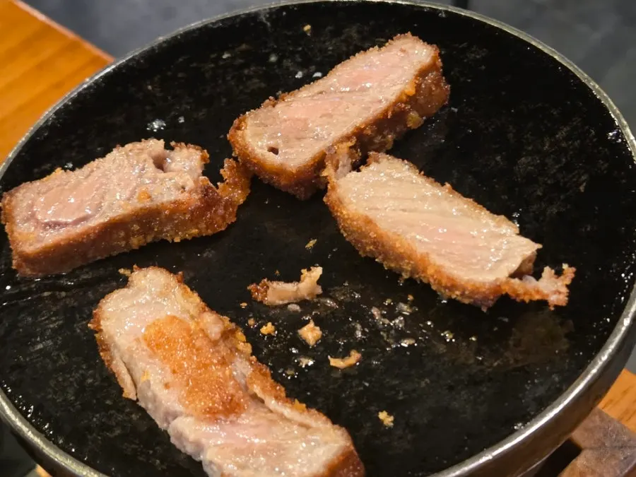 Gyukatsu grilling on the mini charcoal grill's stone plate