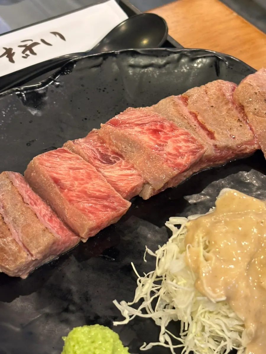 Vivid red cross-section of striploin gyukatsu