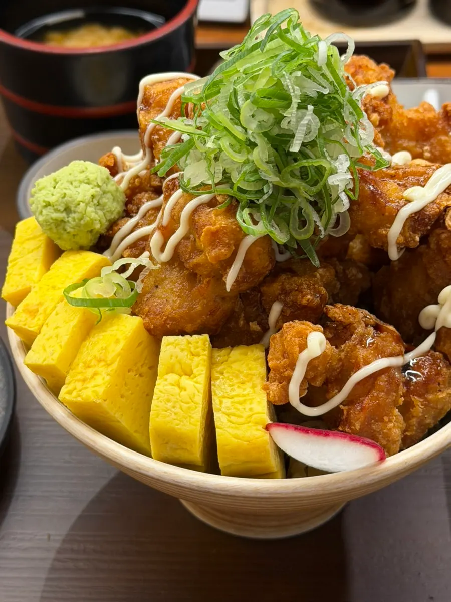 Chicken karaage don served with wasabi
