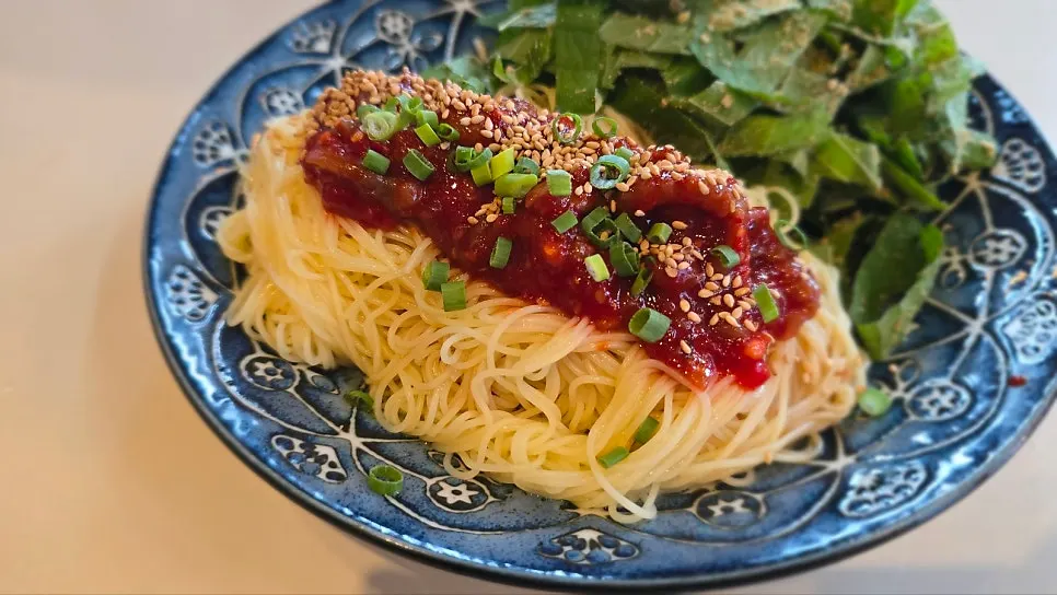 Perilla oil octopus cold pasta made with capellini noodles
