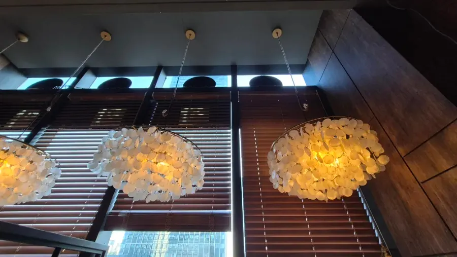 Restaurant interior with a high ceiling
