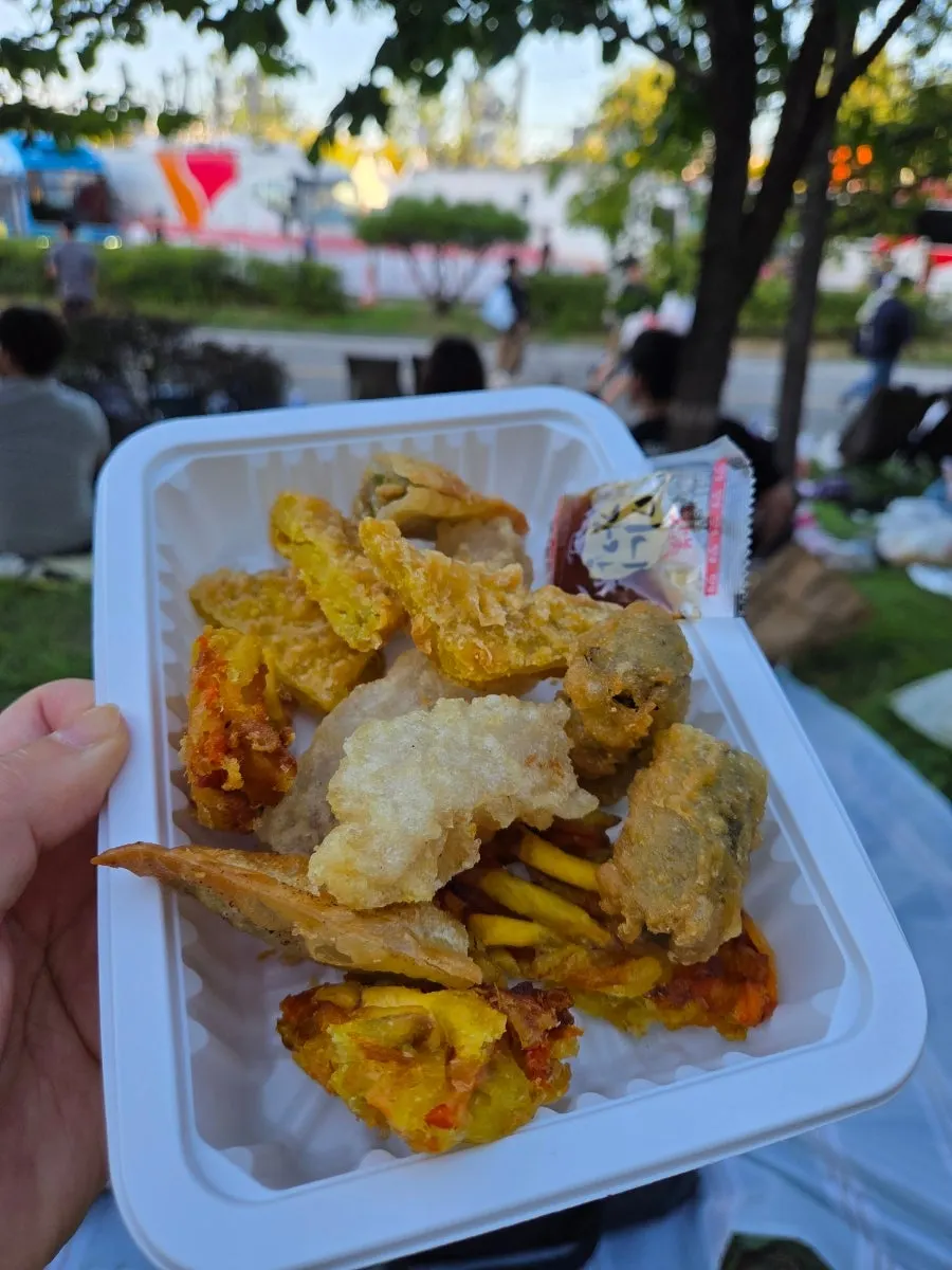 Korean snack takeout packed for a Yeouido Park outing